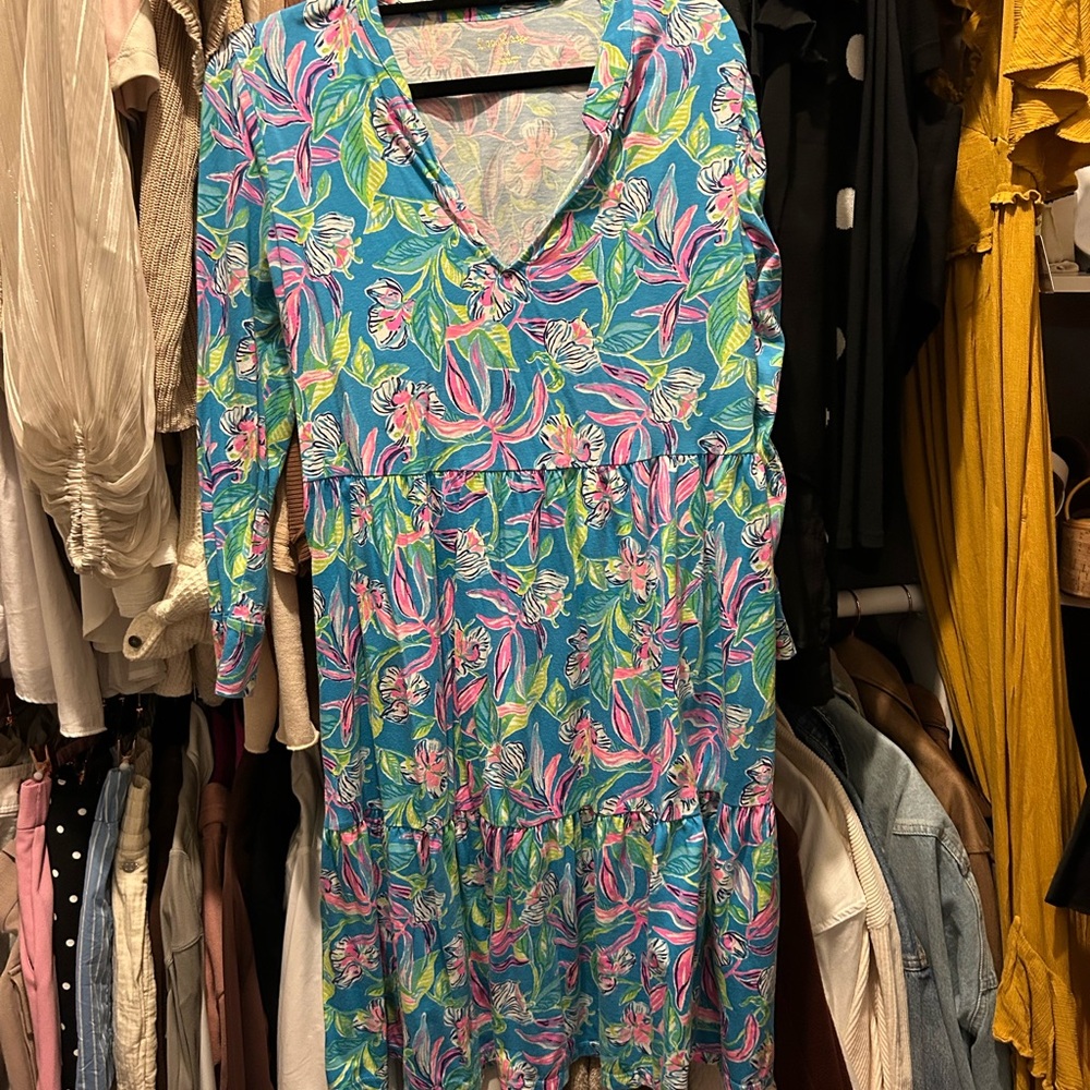 Lilly Pulitzer Swinger Dress Floral V-Neck Dress in Blue and Pink